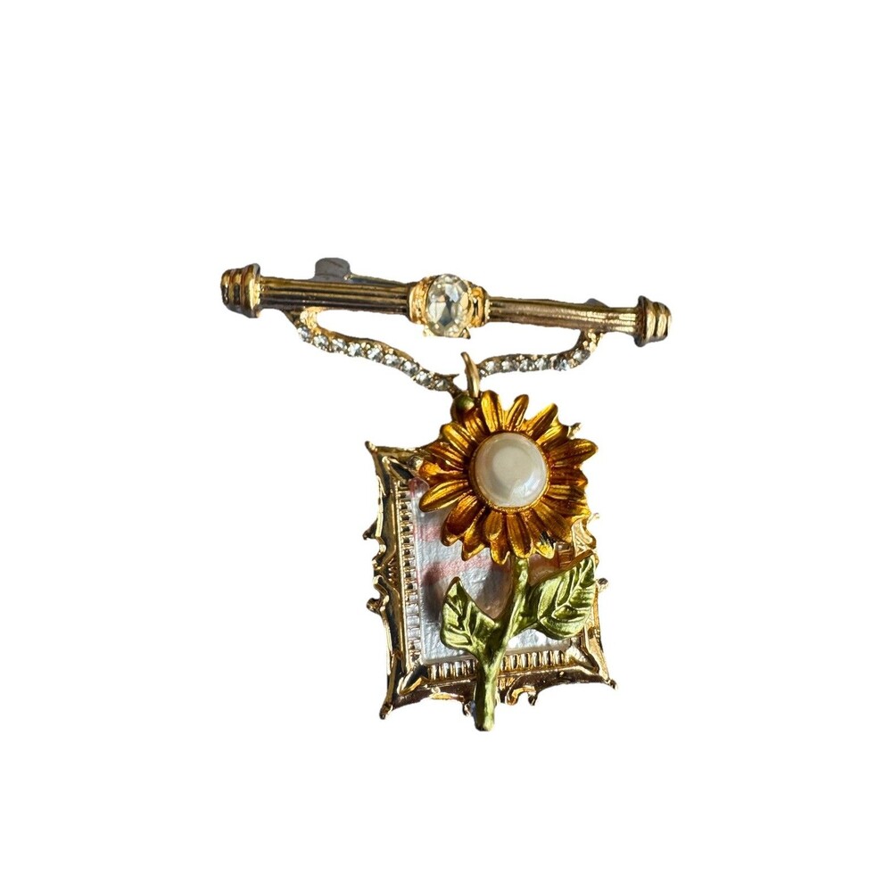 Vintage Victorian Revival Sunflower Bar Pin Brooch Dangle Charm Faux Pearl Rhine
